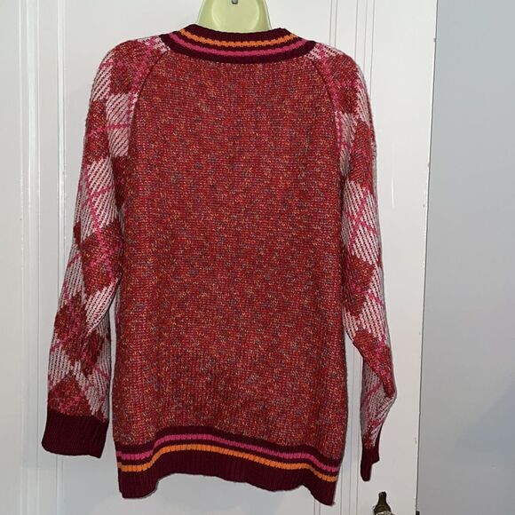 NWT Listicle maroon, pink & orange V neck argyle oversized sweater - Picture 6 of 9